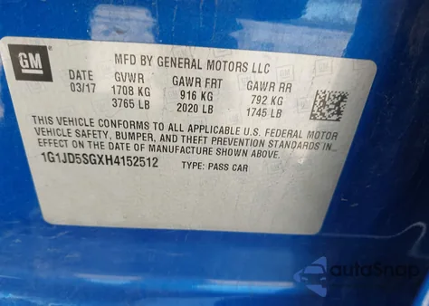 2017 Chevrolet Sonic Lt Auto z USA, uszkodzony, nr VIN 1G1JD5SGXH4152512